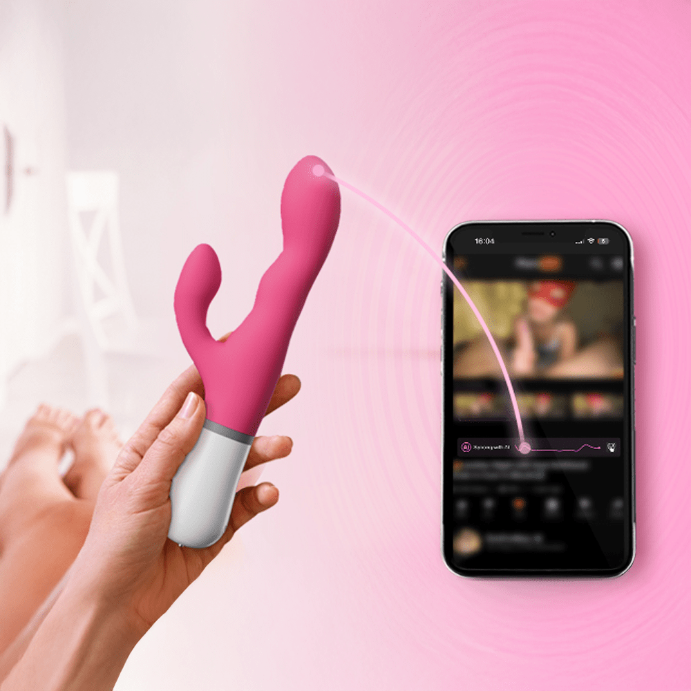 Photo of woman's hand holding Lovense Nora App-Controlled Rabbit Vibrator next to a smartphone showing Lovense app screen