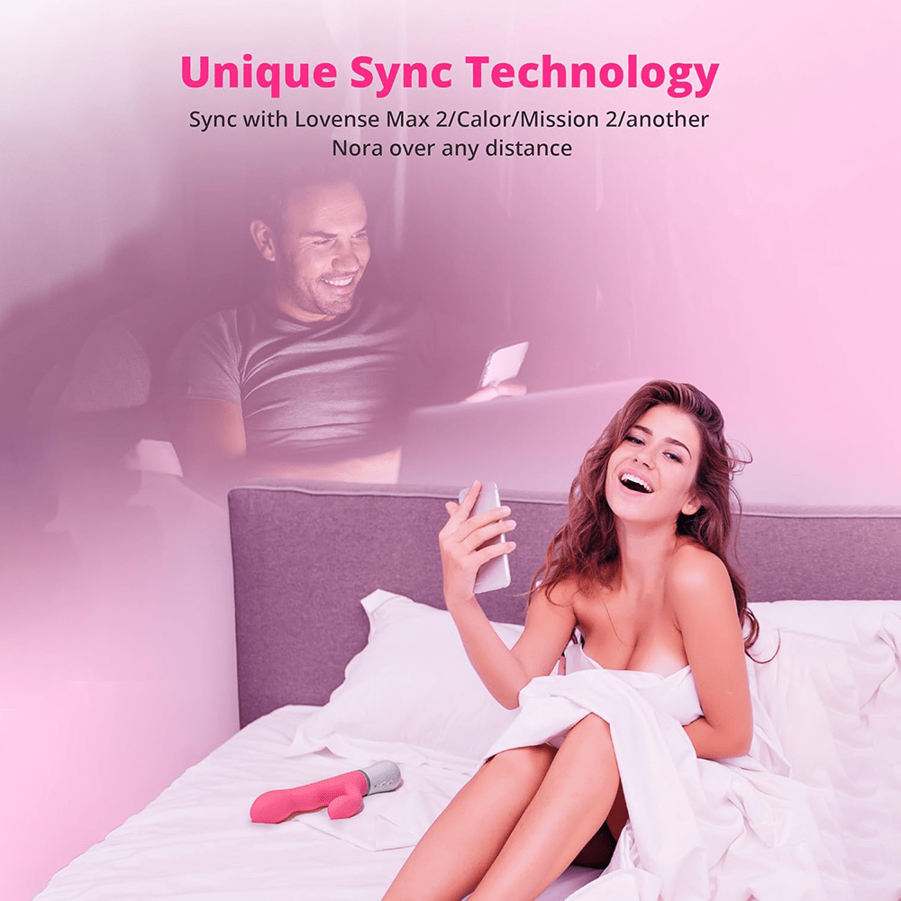 Photo of woman holding a smartphone on a bed with Lovense Nora App-Controlled Rabbit Vibrator and text that says "Unique Sync Technology: Sync with Lovense Max 2/Calor/Misson 2/another Nora over any distance