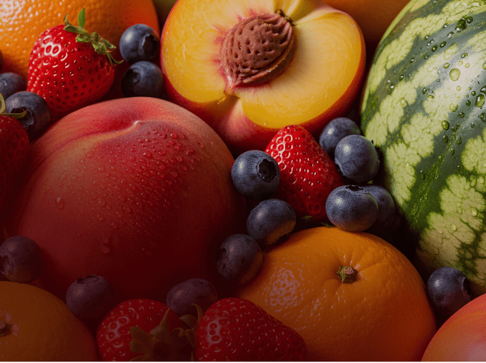 A close-up arrangement of fresh fruits including a red peach, sliced orange-yellow peach pit, strawberries, blueberries, oranges, and a green-striped watermelon