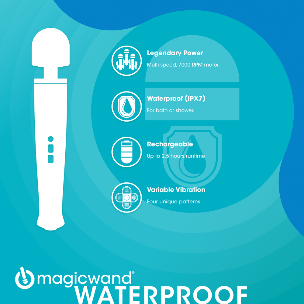 Magic Wand Waterproof Key Features: multi-speed, 7000 RPM motor; waterproof (IPX7); rechargeable, up to 2.5 hours of runtime; four unique vibration patterns