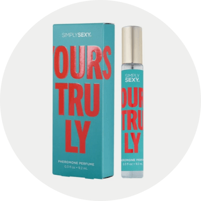 Simply Sexy brand pheromone perfume packaging in a light gray circle background