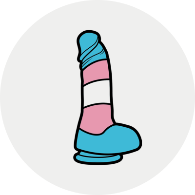 Trans flag striped dildo-shaped enamel pin in a light gray circle