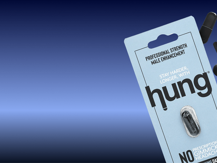 Hung Single Professional Strength Male Enhancement pill packaging on a blue background with black pills