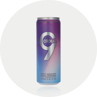 Cloud 9 Aphrodisiac Beverage can in a light gray circle