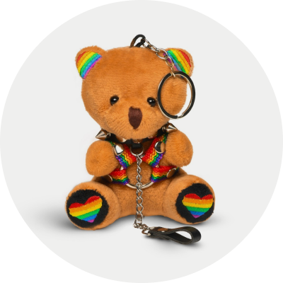 BDSM Pride teddy bear keychain with rainbow shapes in a gray circle background