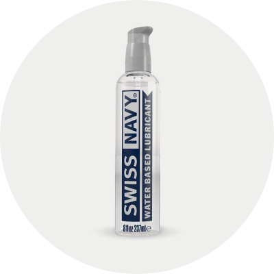 Swiss Navy personal lubricant bottle in a light gray circle