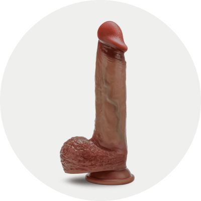 Realistic dildo in a light gray circle background