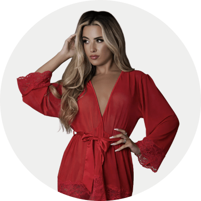 Woman wearing a red lace robe in a light gray circle background