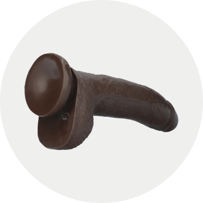 Dildo showing suction cup on the bottom in a light gray circle background