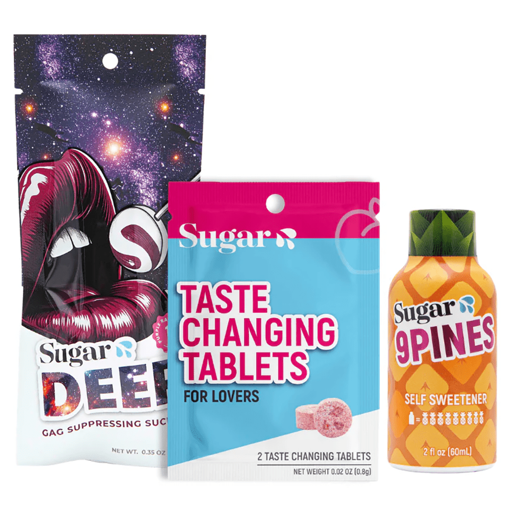 Sugar Splash Variety Bundle image showing 3 included products on a white background: Deep Gag-Suppressing Lollipops, Taste-Changing Tablets packet, and 9Pines Self-Sweetener taste enhancing shot
