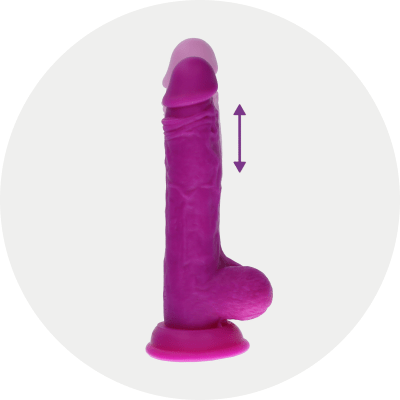 Pink thrusting dildo with arrow illustrating thrusting function in a light gray circle background