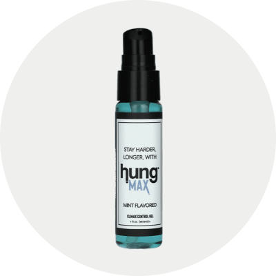 A bottle of Hung Max Mint Flavored Climax Control Gel with a black spray top and a white label, set against a light gray circular background.