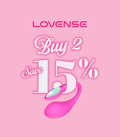 Amazing Intimate Essentials Valentine's 2026 Promo: Buy 2 Lovense toys, get 15% off. Light pink text and a photo of a Lovense Lush 4 app-connected G-spot vibrator on a solid pink background
