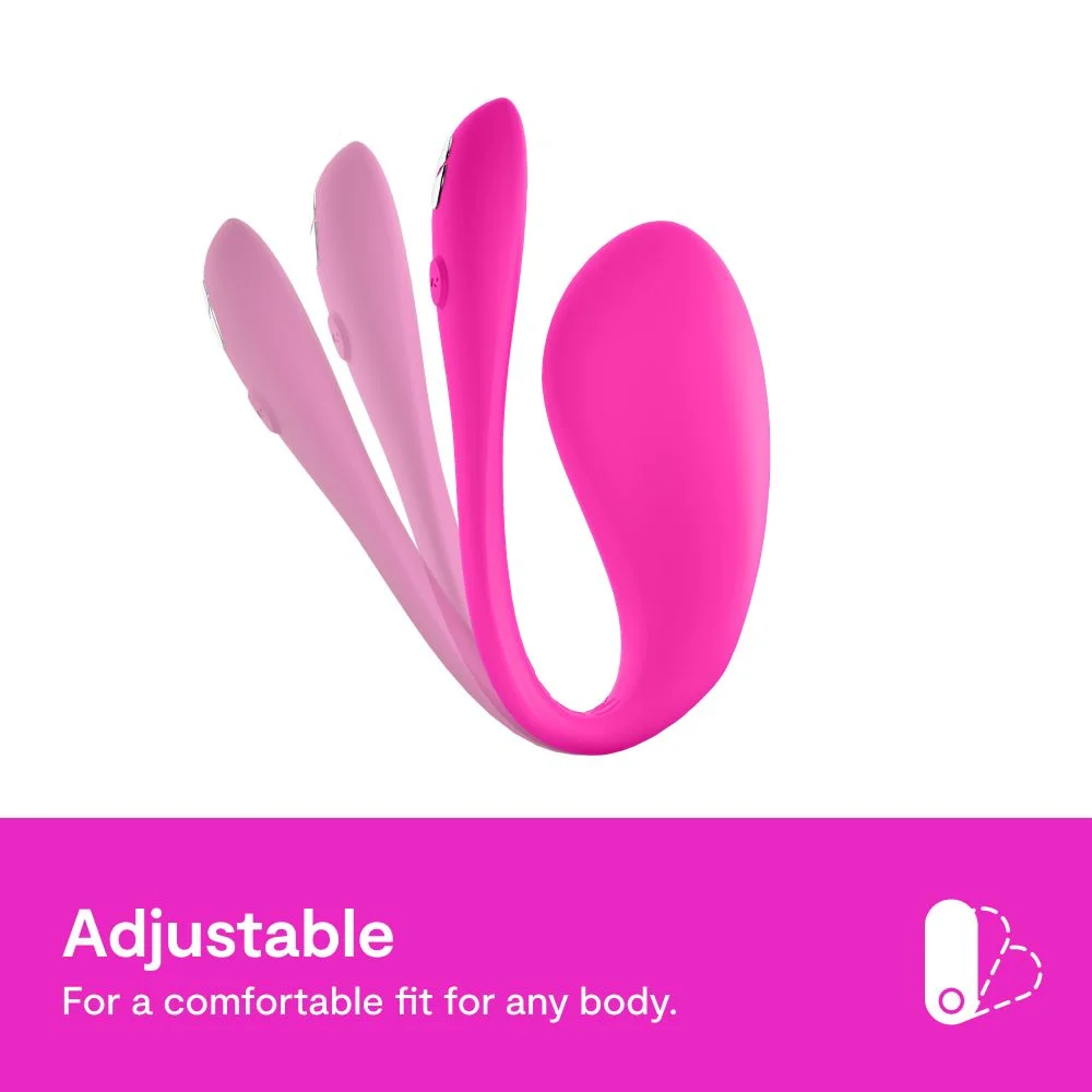 We-Vibe Jive 2: Adjustable for a comfortable fit for any body. Photo of product on a white background showing adjustability with a pink bar and white text at the bottom.