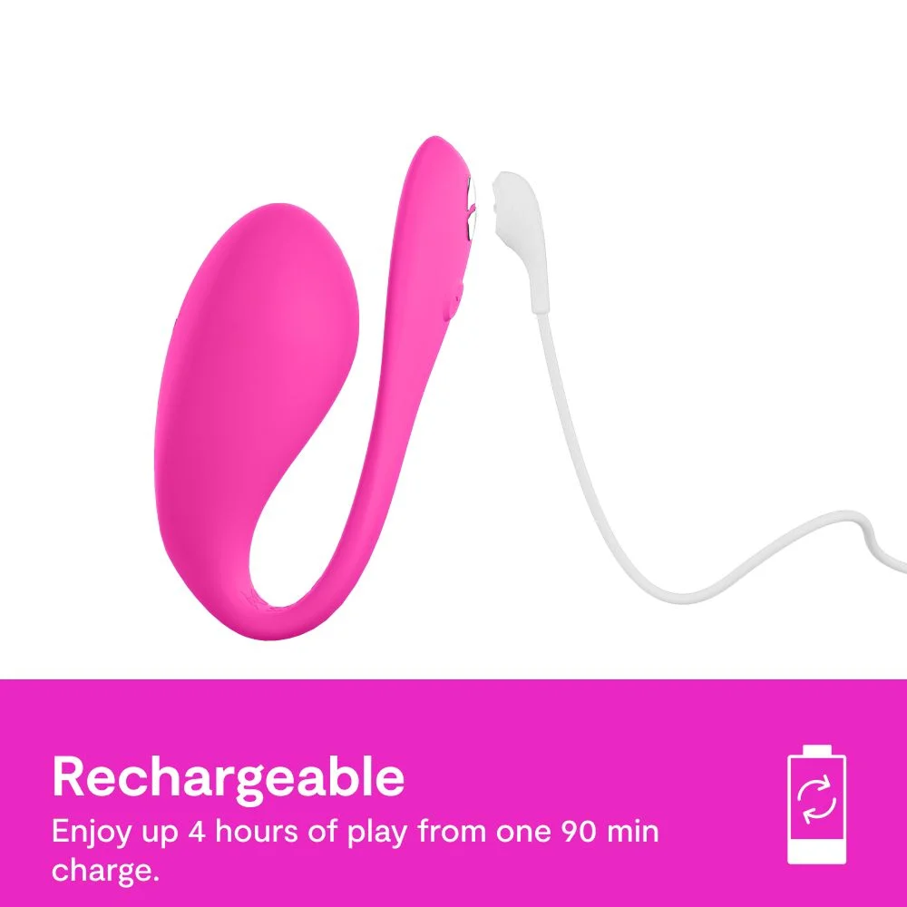 We-Vibe Jive 2: Rechargeable - enjoy up to 4 hours of play from one 90-min charge. Photo of product on a white background with white magnetic USB cord and a pink bar and white text at the bottom.