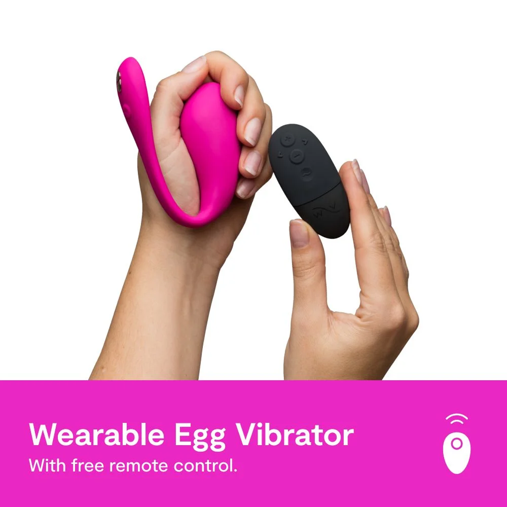 We-Vibe Jive 2: Wearable egg vibrator with free remote control. Photo of woman's hands holding Jive 2 and its remote on a white background with a pink bar and white text at the bottom.
