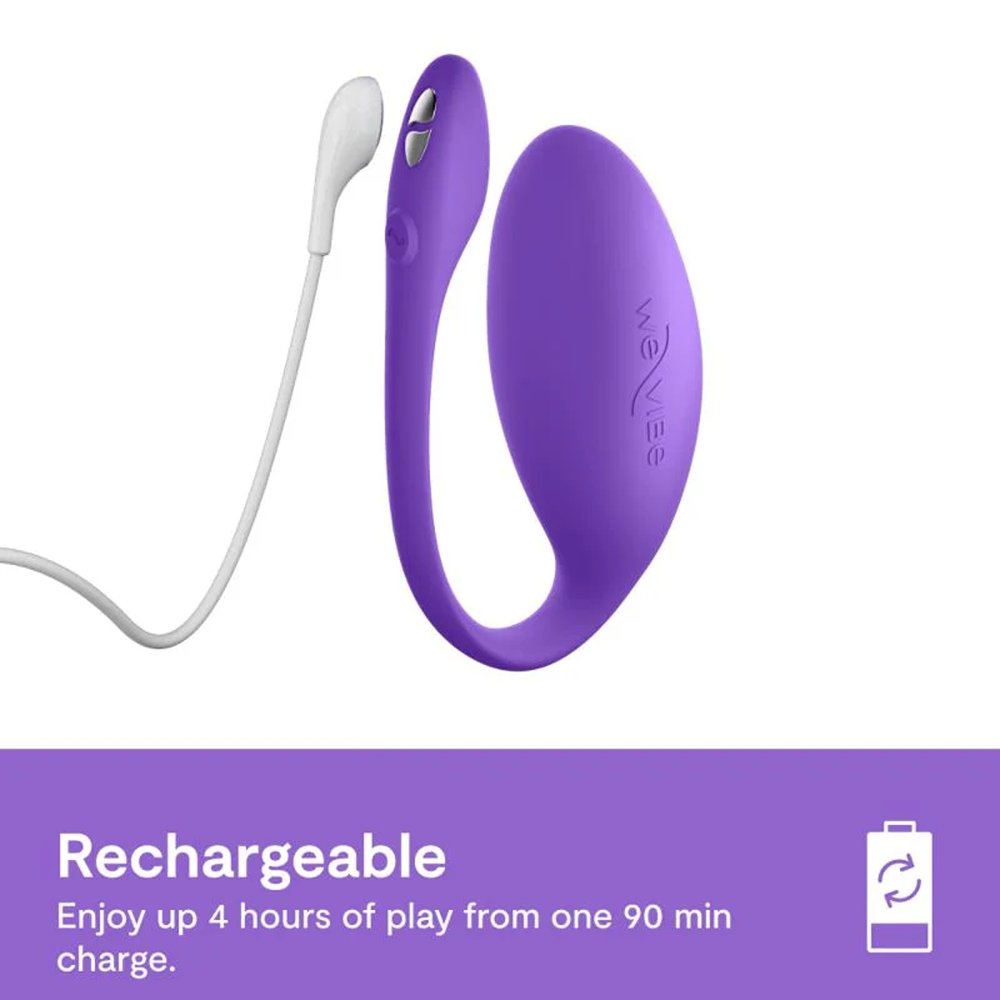 We-Vibe Jive Lite: Rechargeable, enjoy up to 4 hours of play from one 90-minute charge. Photo of product and magnetic USB cord on a white background with a blue bar and white text at the bottom.