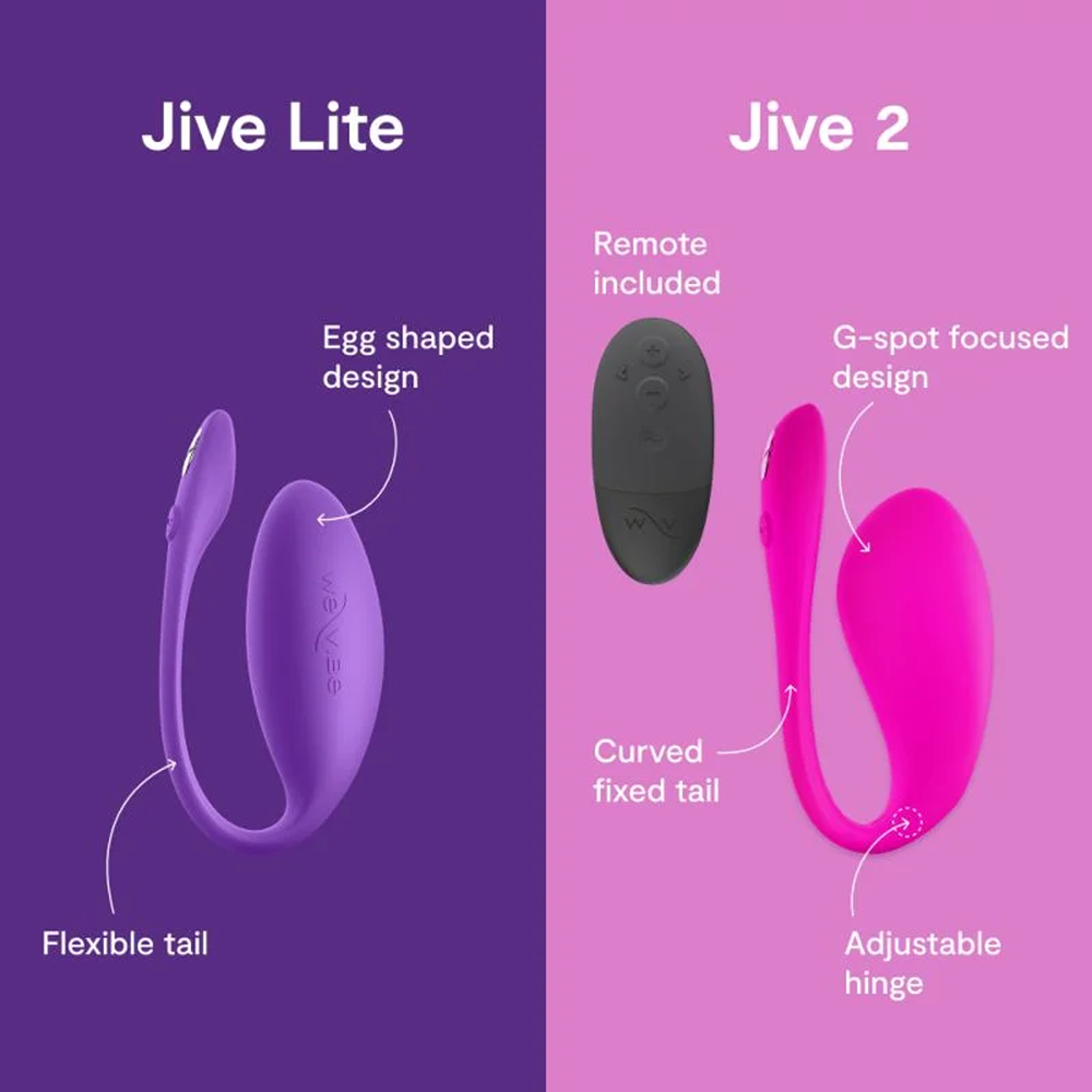 We-Vibe Jive Lite vs. Jive 2 comparison. Jive Lite: egg-shaped-design and flexible tail. Jive 2: Remote included, G-Spot focused design, curved fixed tail, adjustable hinge