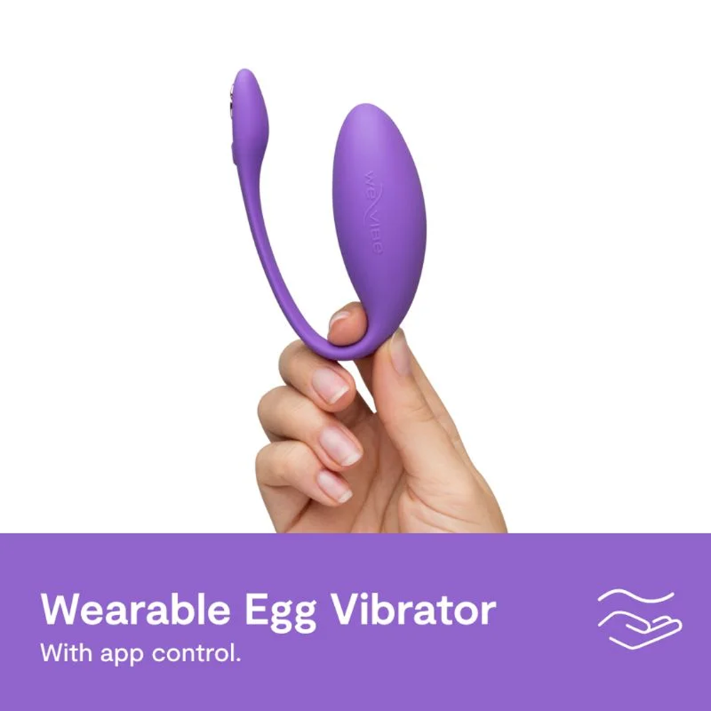 We-Vibe Jive Lite: Wearable egg vibrator with app control. Photo of a woman's hand holding product on a white background with a blue bar and white text at the bottom.