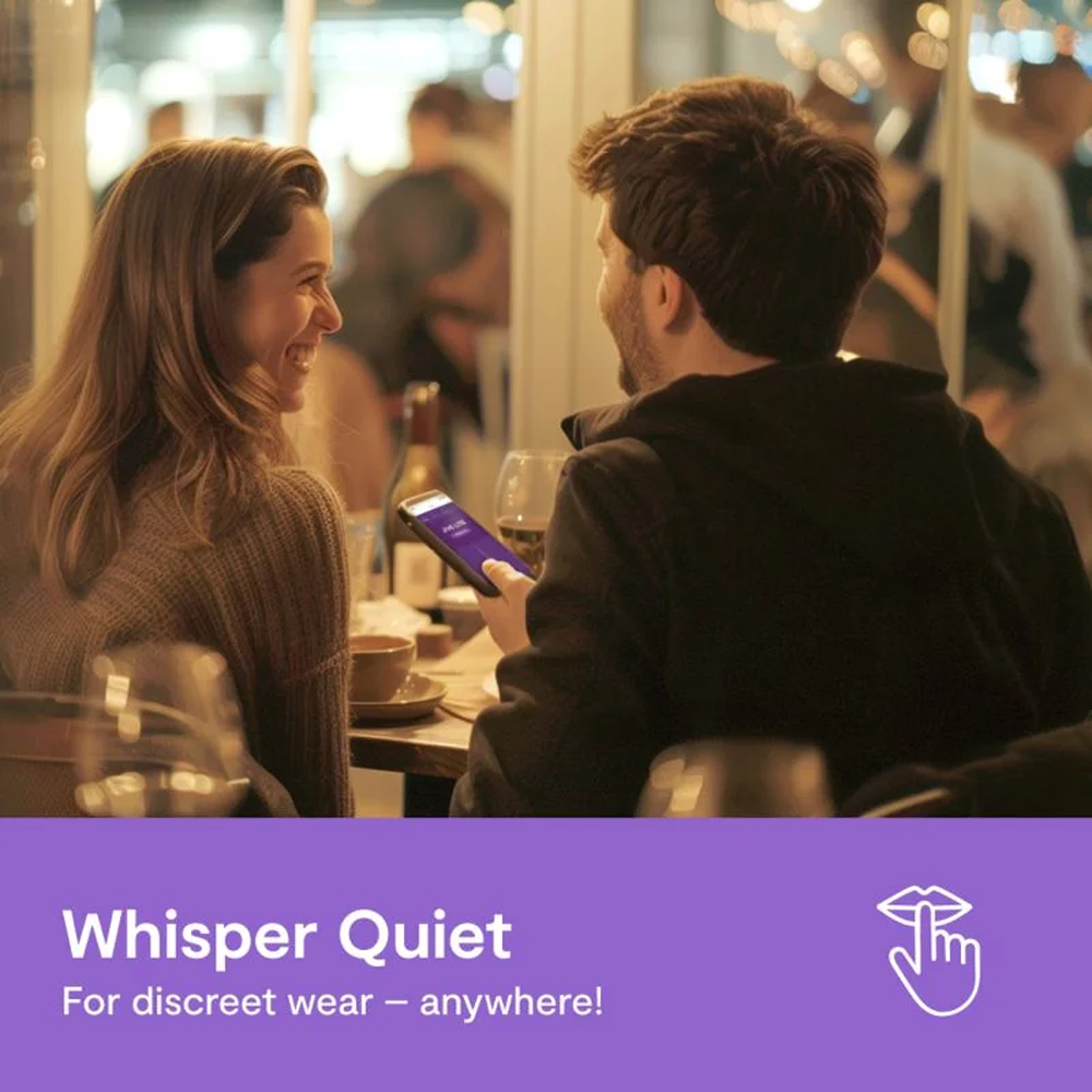 We-Vibe Jive Lite: Whisper quiet for discreet wear - anywhere! Photo of a heterosexual couple sitting at a restaurant and smiling each other, with a smartphone between them showing a screen of the We-Vibe app. There is a blue bar and white text at the bottom.