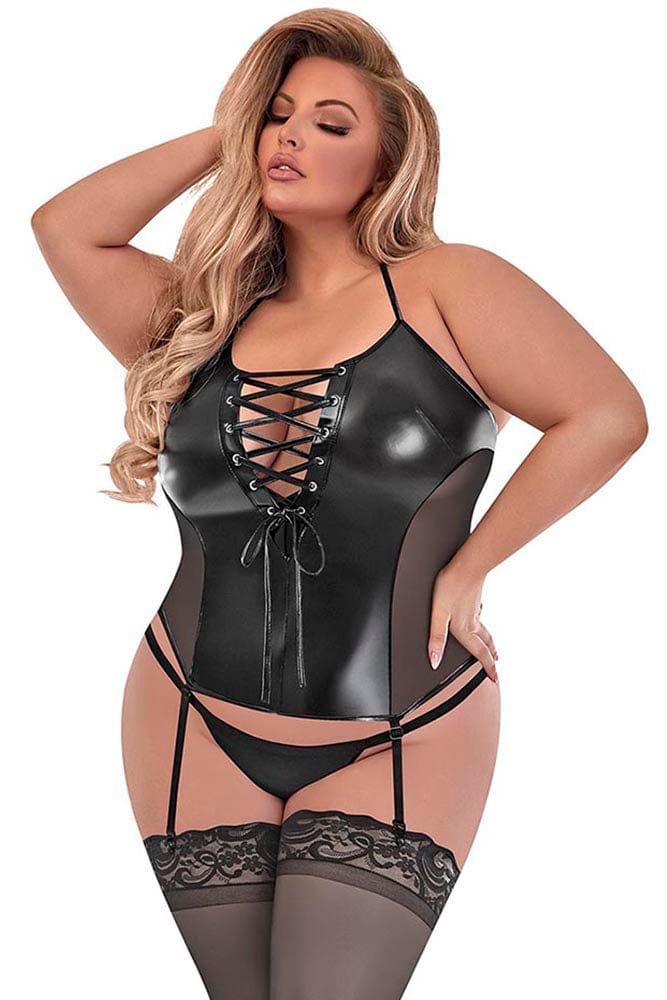 LACE UP MERRY WIDOW & G SET - BLACK - Q