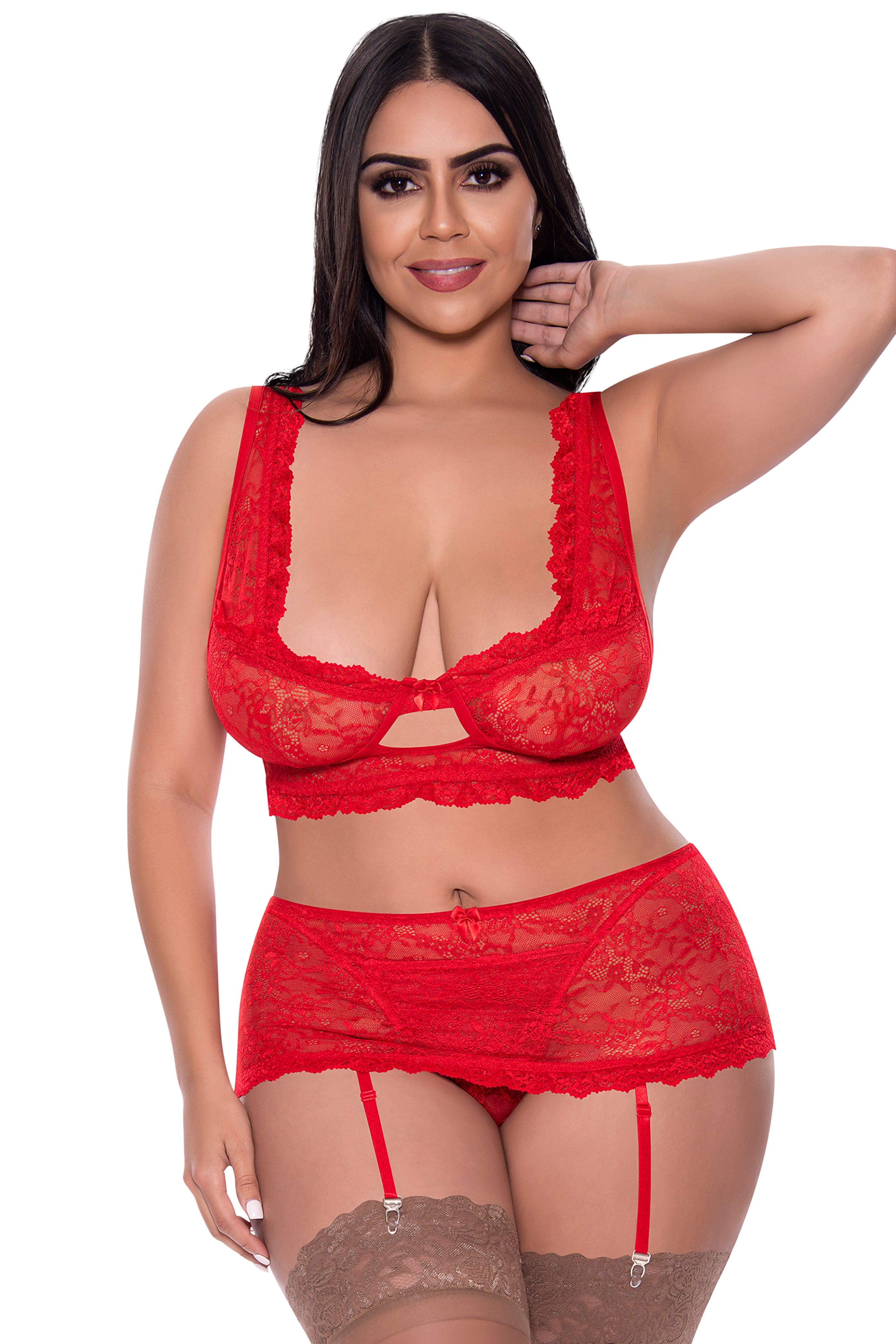 LACE BRALETTE & GARTER SKIRT - RED - Q